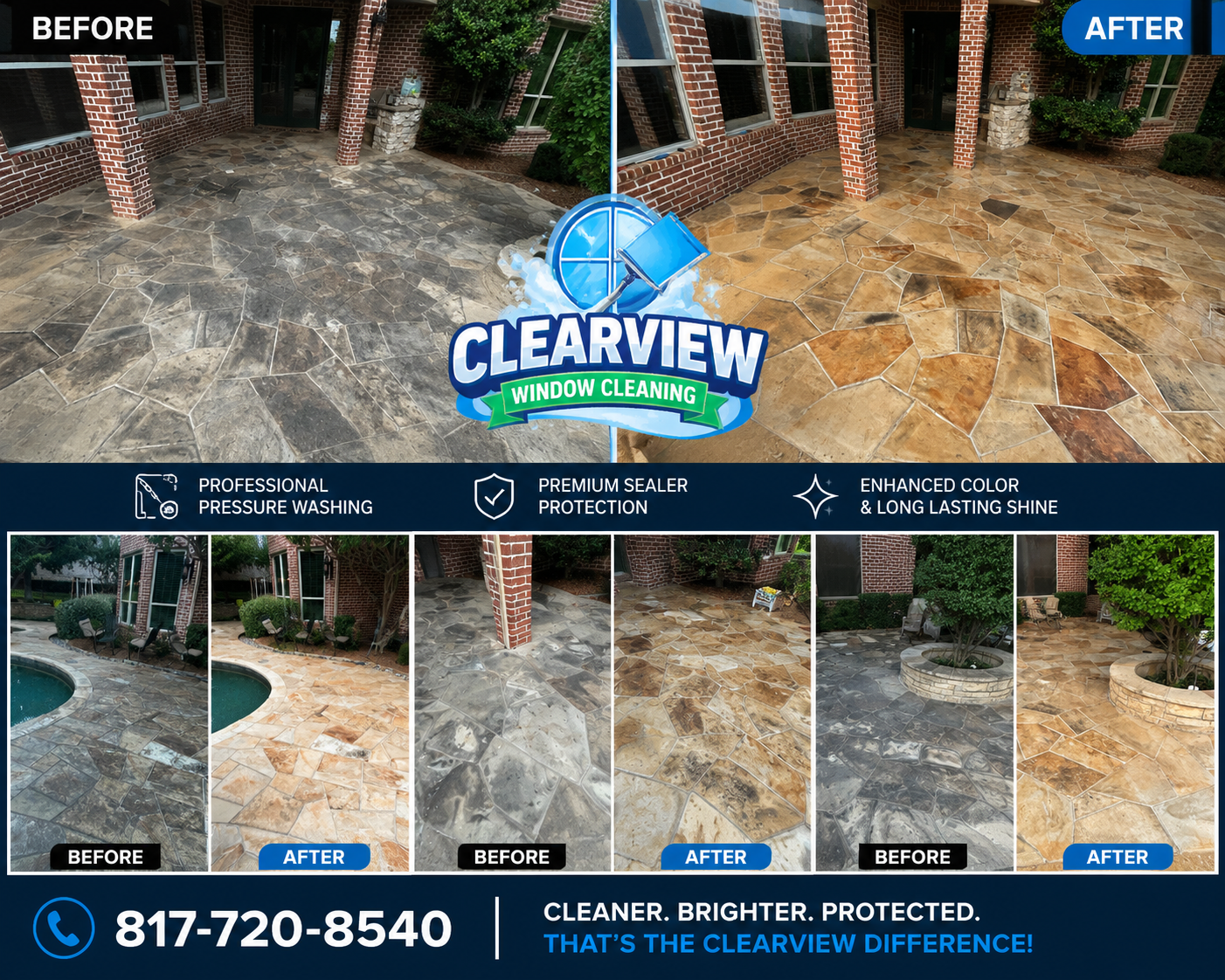 Before and after patio pressure washing and sealer result